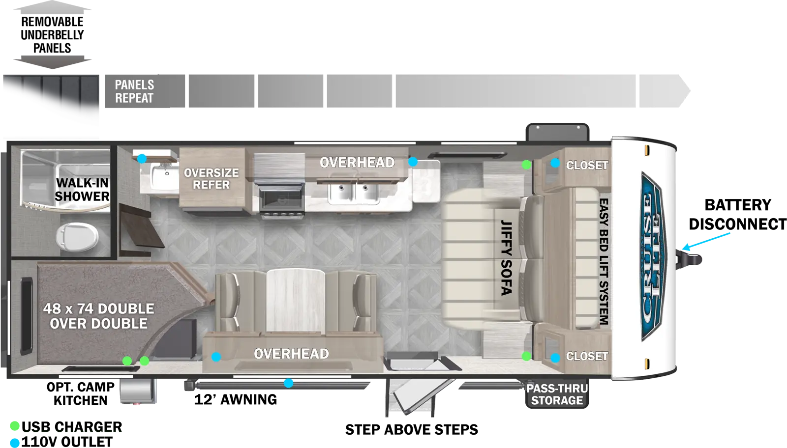 The 19DBXL has no slide outs and one entry. Outside features include an optional camp kitchen, 12 foot awning, step above entry steps, front pass-thru storage, battery disconnect, and removable underbelly panels. Interior layout front to back: jiffy sofa with easy bed lift system and closets on each side; door side entry, dinette with overhead cabinet; off-door side kitchen with overhead cabinet and oversize refrigerator; rear door side double over double bunks; rear off-door side sink and medicine cabinet outside of the rear bathroom with walk-in shower and toilet.